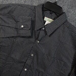 Haband Shirt Mens Large Tall Gray‎ Black Plaid Snap Front Pearl Snap Long Sleeve